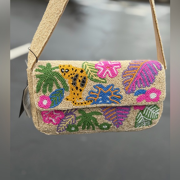 America & Beyond Handbags - America & Beyond Beaded Jungle Queen Leopard Tropical Embellished Shoulder Bag